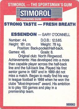 1990 AFL Scanlens Stimorol #26 Gary O'Donnell Back